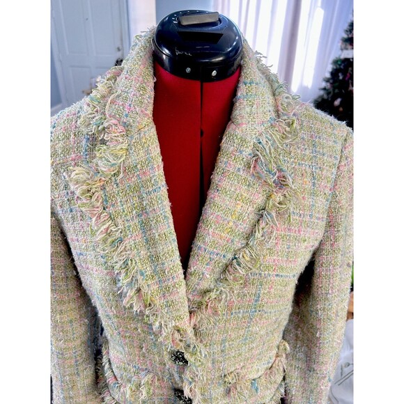 Tweed Fringe Fairy Jacket Y2K Clueless Pastel, Parisian Bouclé Blazer Plaid VTG - Picture 4 of 16